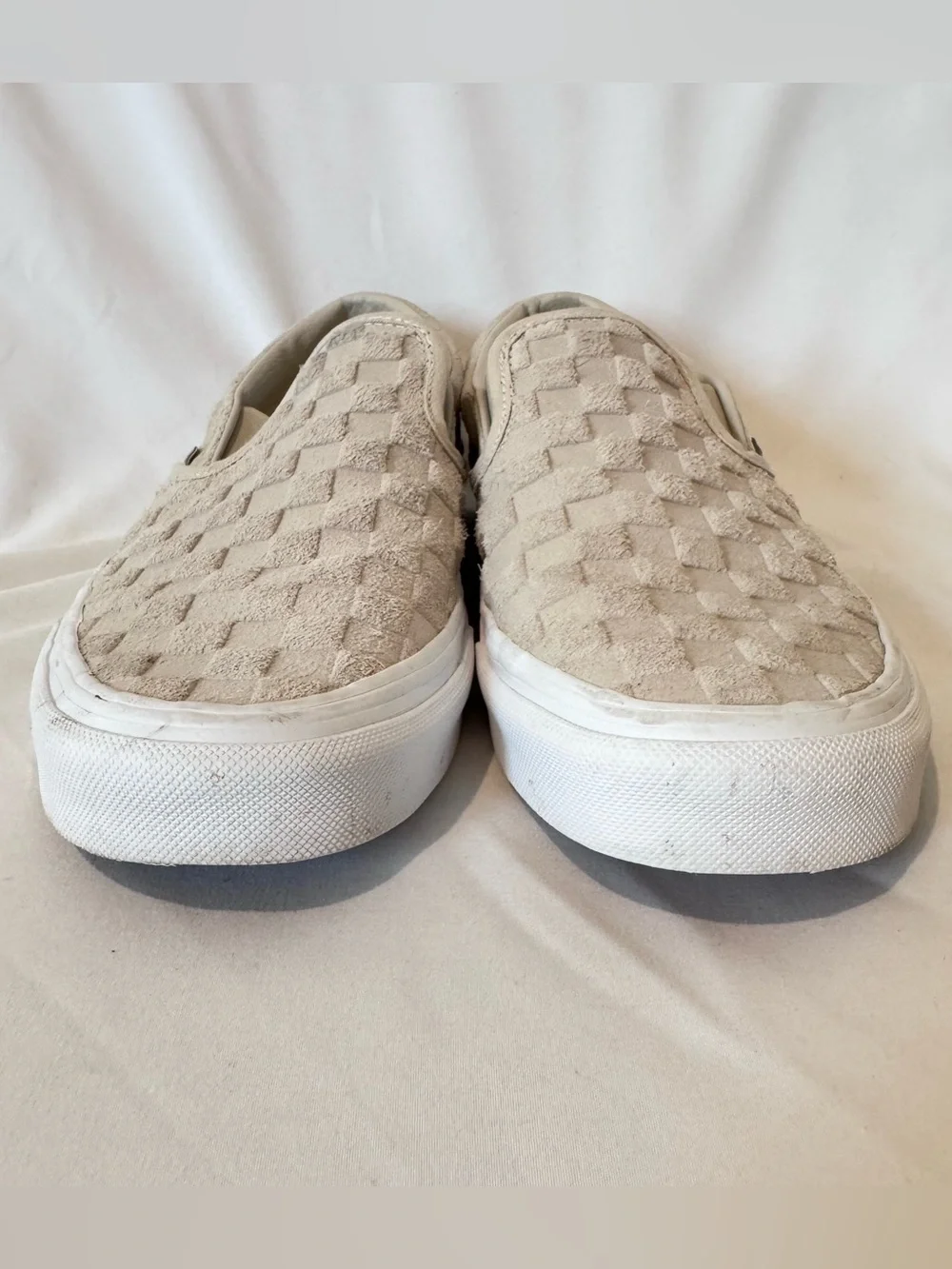 Vans Classic Slip On Embossed Check Mens 8 Womens 9.5 Neutral Oatmeal Suede EEUC